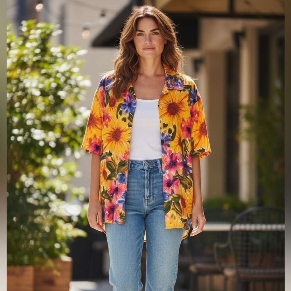 Vintage The Limited Women’s SILK Yellow Sunflower Button Down  Blouse - Size S